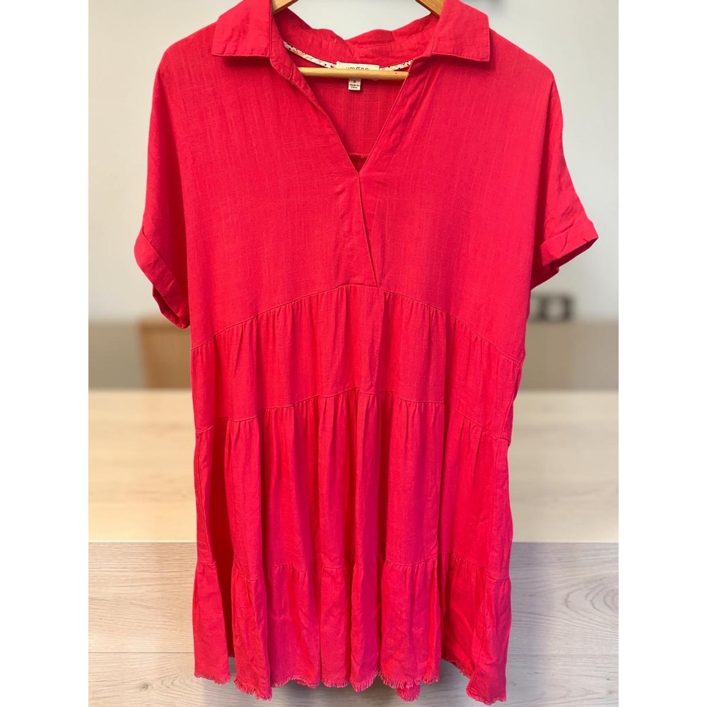 Umgee Pink Tiered Frayed Hem Linen Blend Womens Medium baby doll Tunic Dress